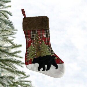 Hobby Lobby Christmas Stocking Red Plaid Bear Tree Faux Wool And Fur NEW 17.5"